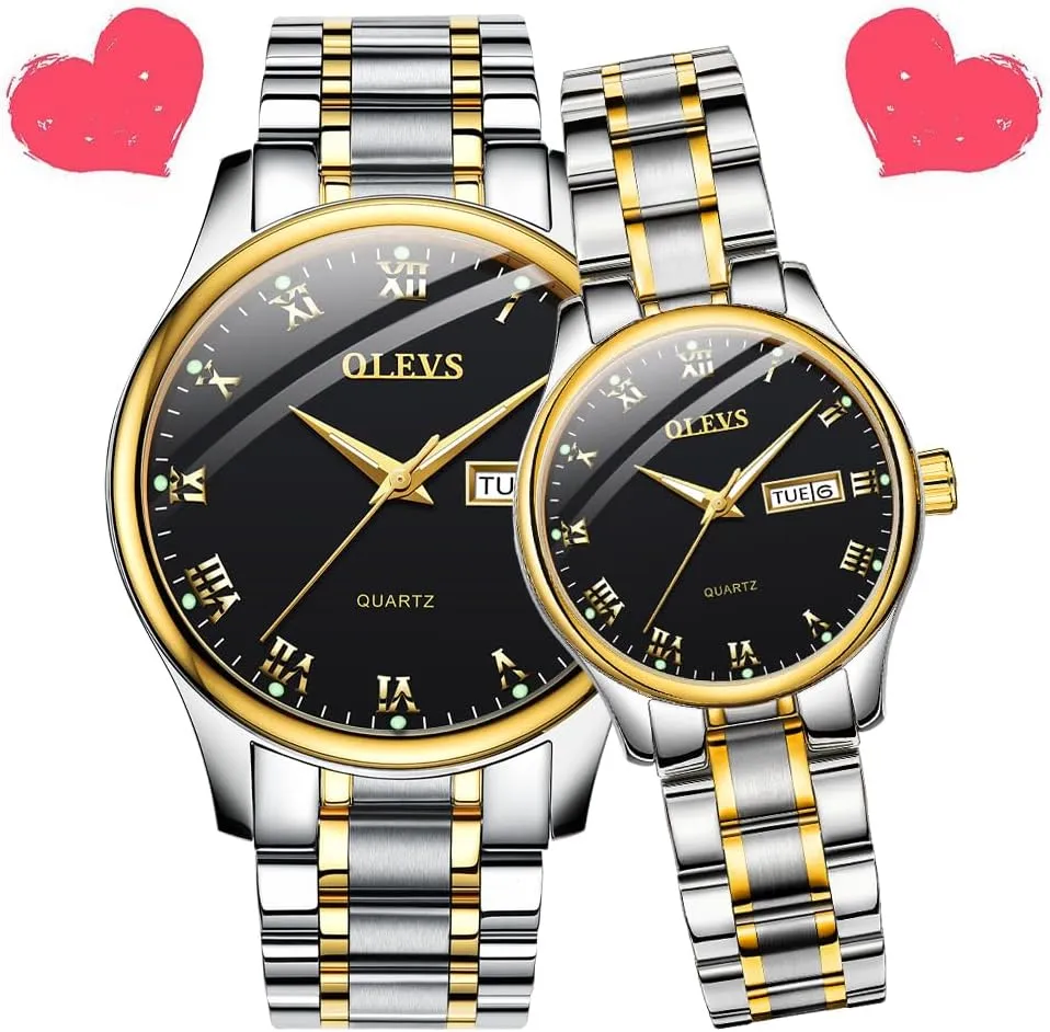 OLEVS His and Her Couple Watches Business Men Women Couple Set Pair Black Watch Matching Romantic Quartz Stainless Steel Waterproof Date