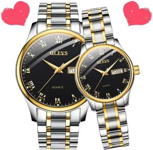 OLEVS His and Her Couple Watches Business Men Women Couple Set Pair Black Watch Matching Romantic Quartz Stainless Steel Waterproof Date
