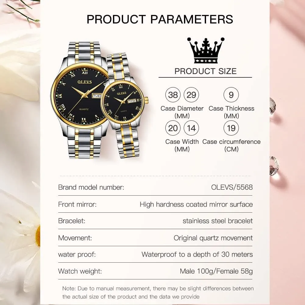 OLEVS His and Her Couple Watches Business Men Women Couple Set Pair Black Watch Matching Romantic Quartz Stainless Steel Waterproof Date