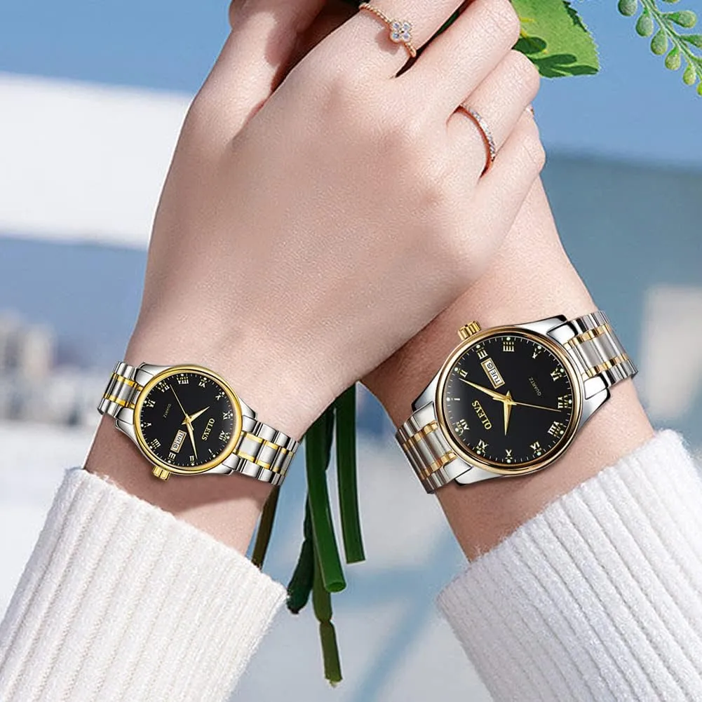 OLEVS His and Her Couple Watches Business Men Women Couple Set Pair Black Watch Matching Romantic Quartz Stainless Steel Waterproof Date