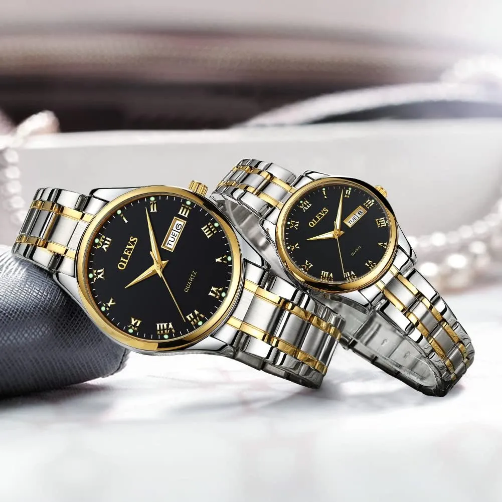 OLEVS His and Her Couple Watches Business Men Women Couple Set Pair Black Watch Matching Romantic Quartz Stainless Steel Waterproof Date