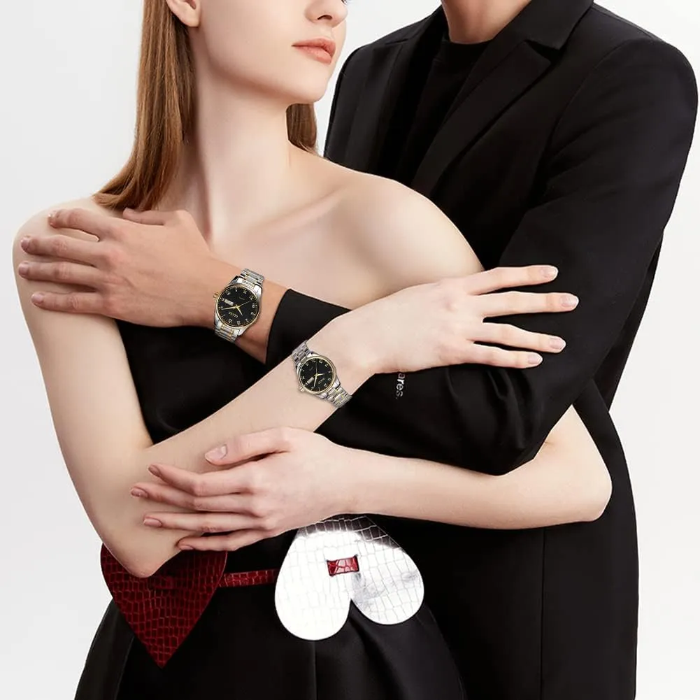OLEVS His and Her Couple Watches Business Men Women Couple Set Pair Black Watch Matching Romantic Quartz Stainless Steel Waterproof Date