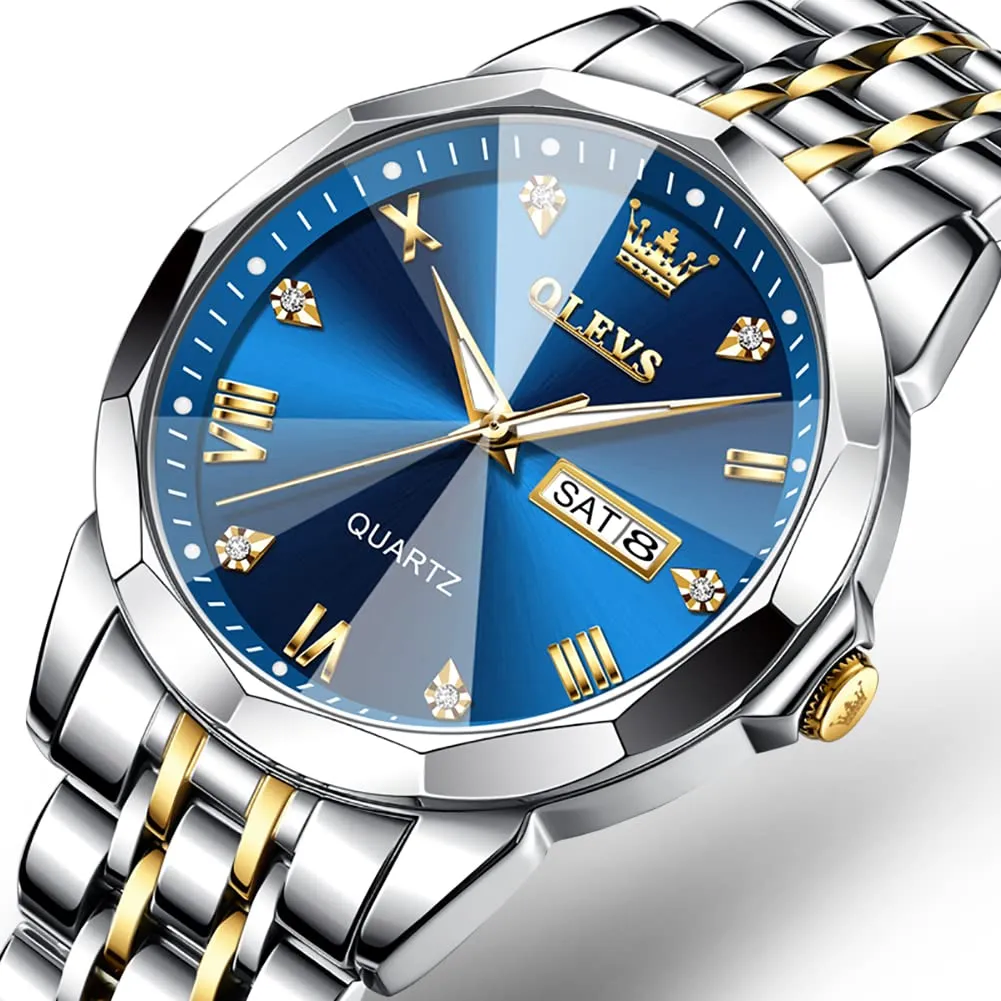OLEVS Men Watches Business Dress Diamond Analog Quartz Date Luxury Wrist Watch Blue Casual Stainless Steel Waterproof Luminous Two Tone Watch for Men