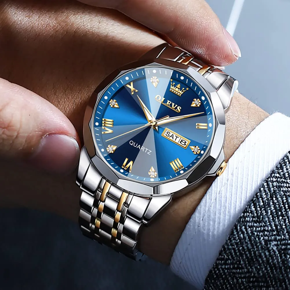 OLEVS Men Watches Business Dress Diamond Analog Quartz Date Luxury Wrist Watch Blue Casual Stainless Steel Waterproof Luminous Two Tone Watch for Men