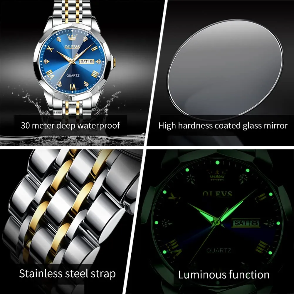 OLEVS Men Watches Business Dress Diamond Analog Quartz Date Luxury Wrist Watch Blue Casual Stainless Steel Waterproof Luminous Two Tone Watch for Men