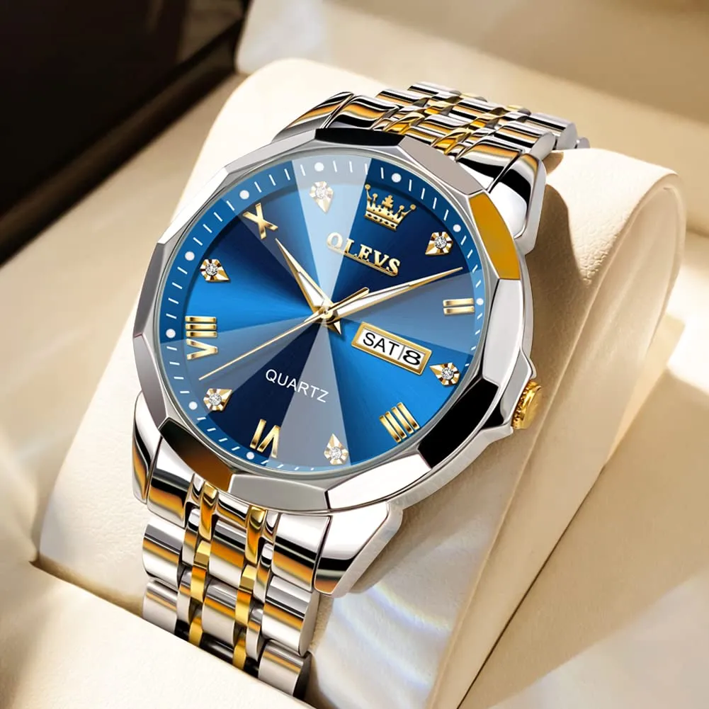 OLEVS Men Watches Business Dress Diamond Analog Quartz Date Luxury Wrist Watch Blue Casual Stainless Steel Waterproof Luminous Two Tone Watch for Men