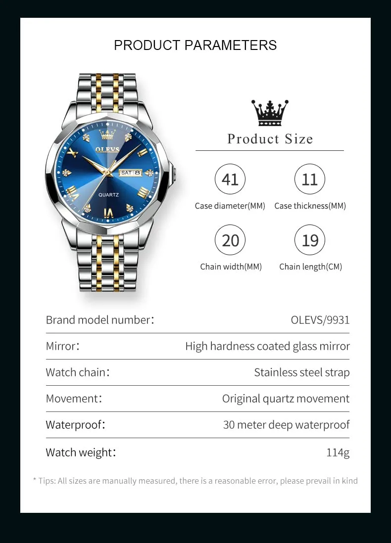 OLEVS Men Watches Business Dress Diamond Analog Quartz Date Luxury Wrist Watch Blue Casual Stainless Steel Waterproof Luminous Two Tone Watch for Men