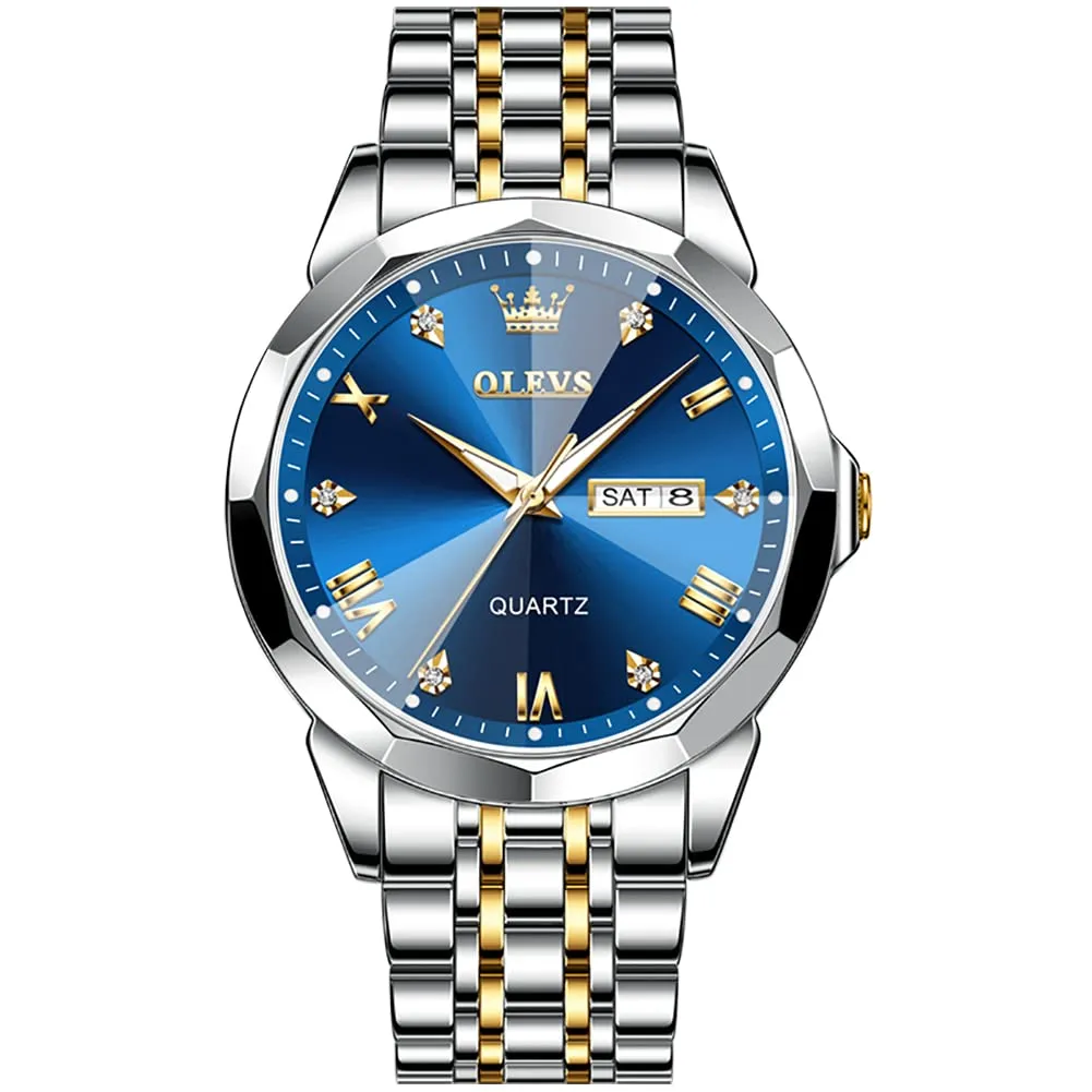 OLEVS Men Watches Business Dress Diamond Analog Quartz Date Luxury Wrist Watch Blue Casual Stainless Steel Waterproof Luminous Two Tone Watch for Men