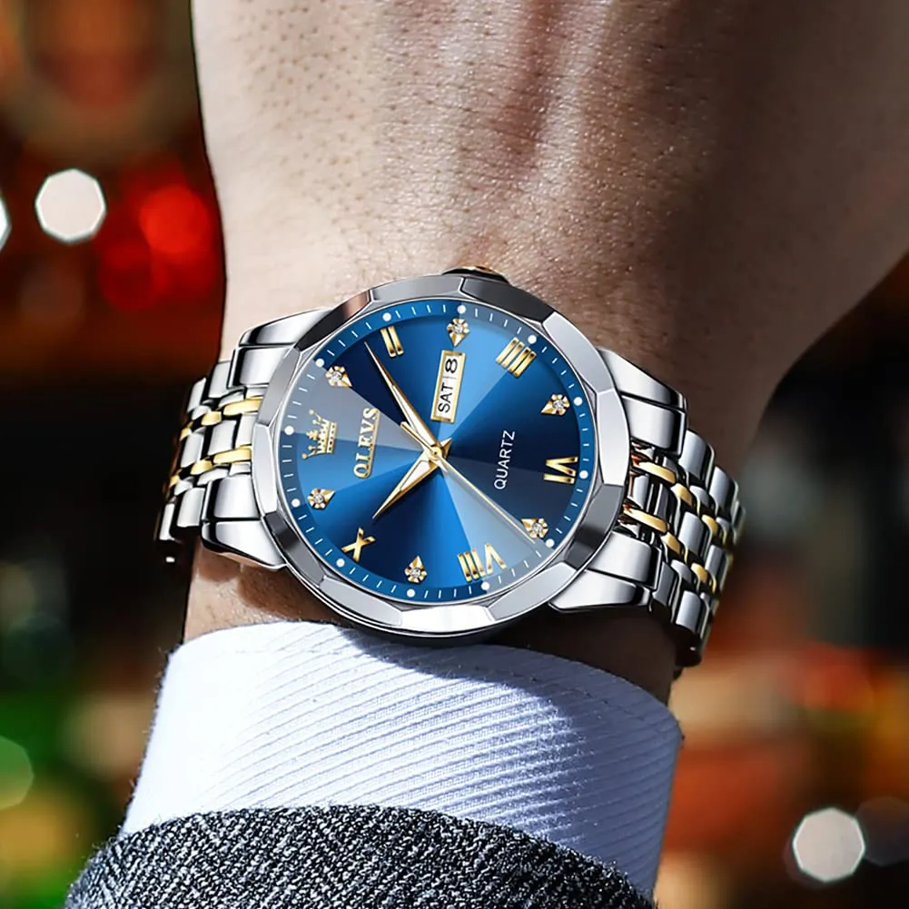 OLEVS Men Watches Business Dress Diamond Analog Quartz Date Luxury Wrist Watch Blue Casual Stainless Steel Waterproof Luminous Two Tone Watch for Men