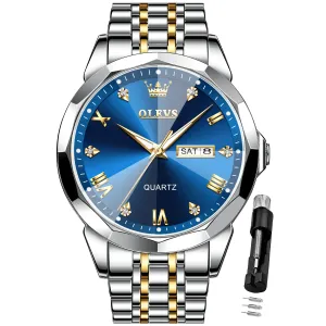 OLEVS Men Watches Business Dress Diamond Analog Quartz Date Luxury Wrist Watch Blue Casual Stainless Steel Waterproof Luminous Two Tone Watch for Men