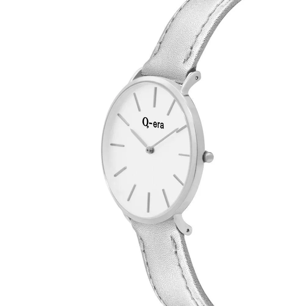 Q-era Metallic Silver Leather Women's Watch - QV2804-9