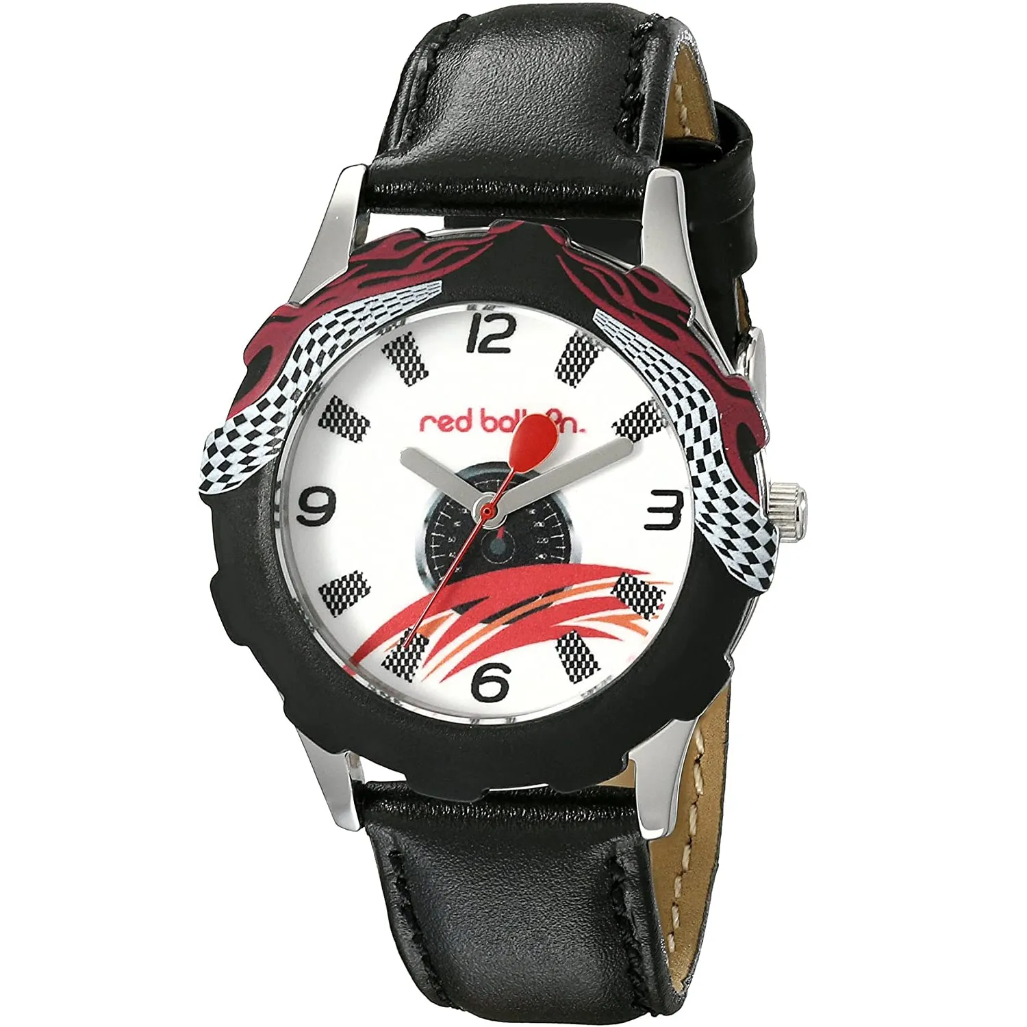 Red Balloon Kids' W000345 Speed Racing Tween Stainless Steel Printed Bezel Black Leather Strap Watch