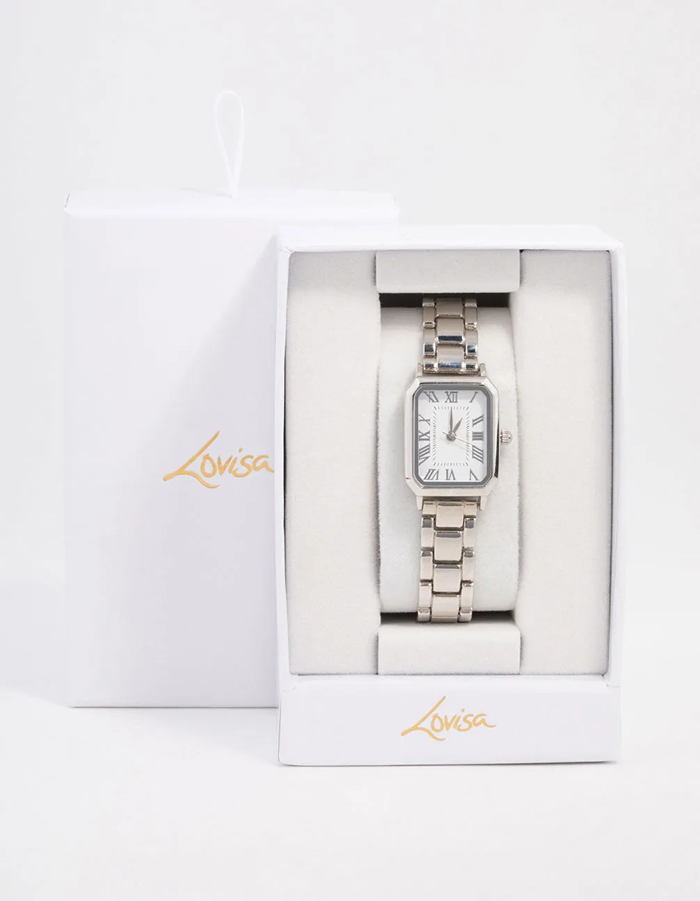 Silver Rectangle Roman Numeral Watch