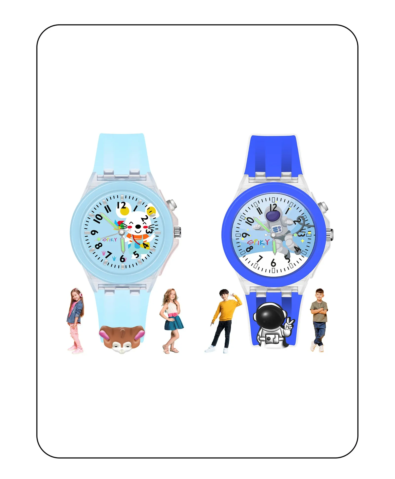 Spiky 3D Astronaut & Rabbit Cartoon Analog Light Watch Combo - Blue & Pink