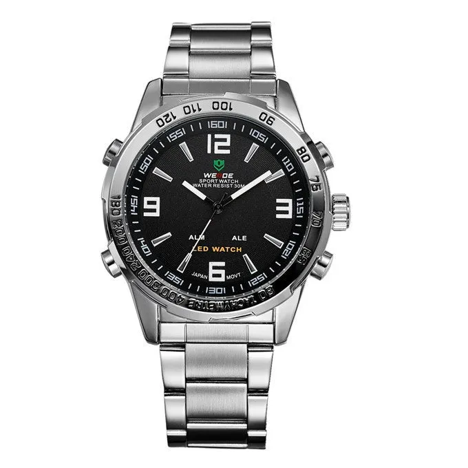 WEIDE Men Sports Watches Japan Quartz LED Digital Wristwatch 30m Waterproof Full Steel Watch