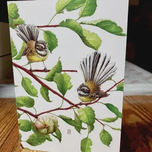 Wild Grey Fox Fantails in an Apple Tree Card C6